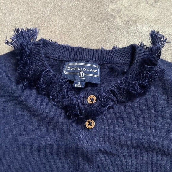 Duffield lane navy button cardigan size small cashmere blend fringe neckline - Picture 2 of 10